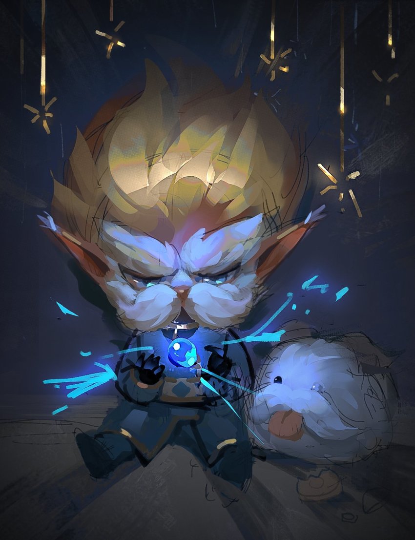 1boy animal arcane:_league_of_legends ball belt black_eyes black_gloves blonde_hair blue_jacket energy facial_hair food gloves grey_eyes heimerdinger heterochromia highres horns jacket league_of_legends long_hair mustache pointy_ears poro_(league_of_legends) sitting solo solraka tongue tongue_out uniform yordle