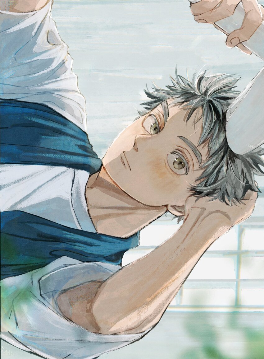 1boy black_hair blush_stickers bokuto_koutarou closed_mouth drying drying_hair drying_own_hair haikyuu!! hair_dryer highres holding holding_hair_dryer ilst_prac_hq looking_at_viewer male_focus messy_hair multicolored_hair shirt short_hair sideways slit_pupils solo streaked_hair towel towel_around_neck two-tone_hair white_shirt yellow_eyes