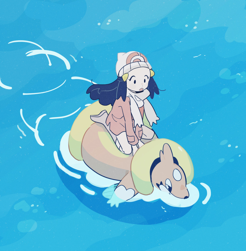 1girl :o beanie black_eyes black_hair boots coat commentary_request dawn_(pokemon) day eyelashes floatzel gen_4_pokemon gogeyama hair_ornament hairclip hat highres long_hair long_sleeves looking_down nintendo open_mouth outdoors pokemon pokemon_(creature) pokemon_dppt pokemon_platinum riding riding_pokemon ripples scarf sidelocks sitting water