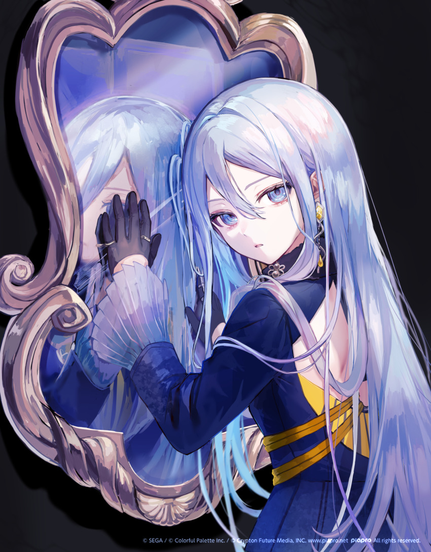 1girl 25-ji_nightcord_de._(project_sekai) backless_dress backless_outfit blue_eyes blue_hair blue_theme character_request commentary_request delta_(naval_flag) different_reflection dress earrings full-length_mirror gloves hand_on_mirror highres jewelry long_hair looking_at_viewer mirror pale_skin pipi_(pipinavigation) project_sekai reflection
