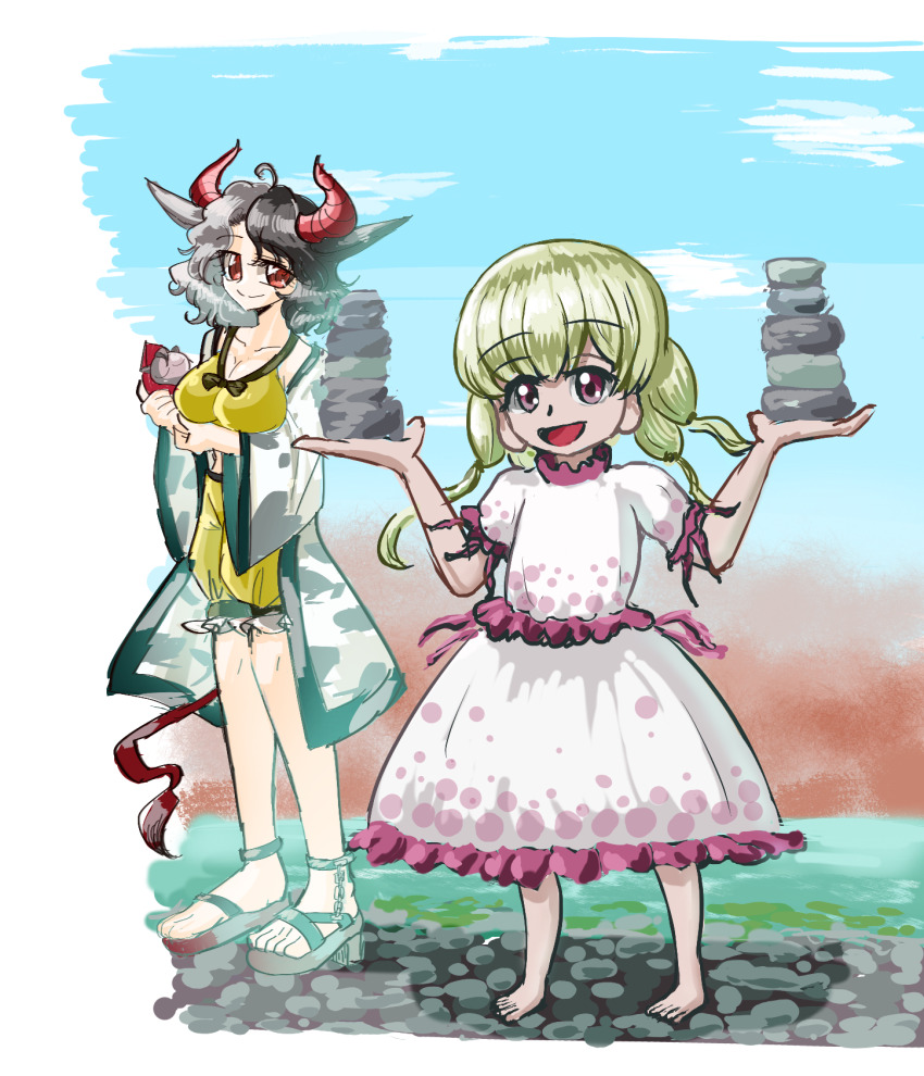 2girls :d animal_ears animal_print barefoot black_hair blonde_hair blue_sky breasts brown_sandals cleavage closed_mouth cloud commentary_request cow_ears cow_girl cow_horns cow_print cow_tail crop_top day dress ebisu_eika full_body grey_hair haori highres horns japanese_clothes large_breasts long_hair looking_at_viewer multicolored_hair multiple_girls navel open_mouth outdoors pebble quad_tails red_eyes red_horns river sandals shippuu_jinnari shirt short_hair shorts sitting sky sleeveless sleeveless_shirt smile split-color_hair tail touhou two-tone_hair ushizaki_urumi white_dress yellow_shirt yellow_shorts
