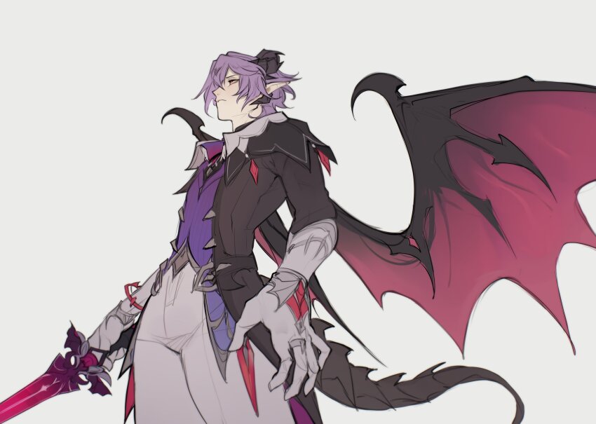 1boy absurdres aksakajay cowboy_shot dragon_horns dragon_tail dragon_wings from_below genshin_impact hair_between_eyes highres holding holding_sword holding_weapon horns male_focus mini_durin_(genshin_impact) mini_durin_(human)_(genshin_impact) purple_hair simple_background solo sword tail weapon white_background wings