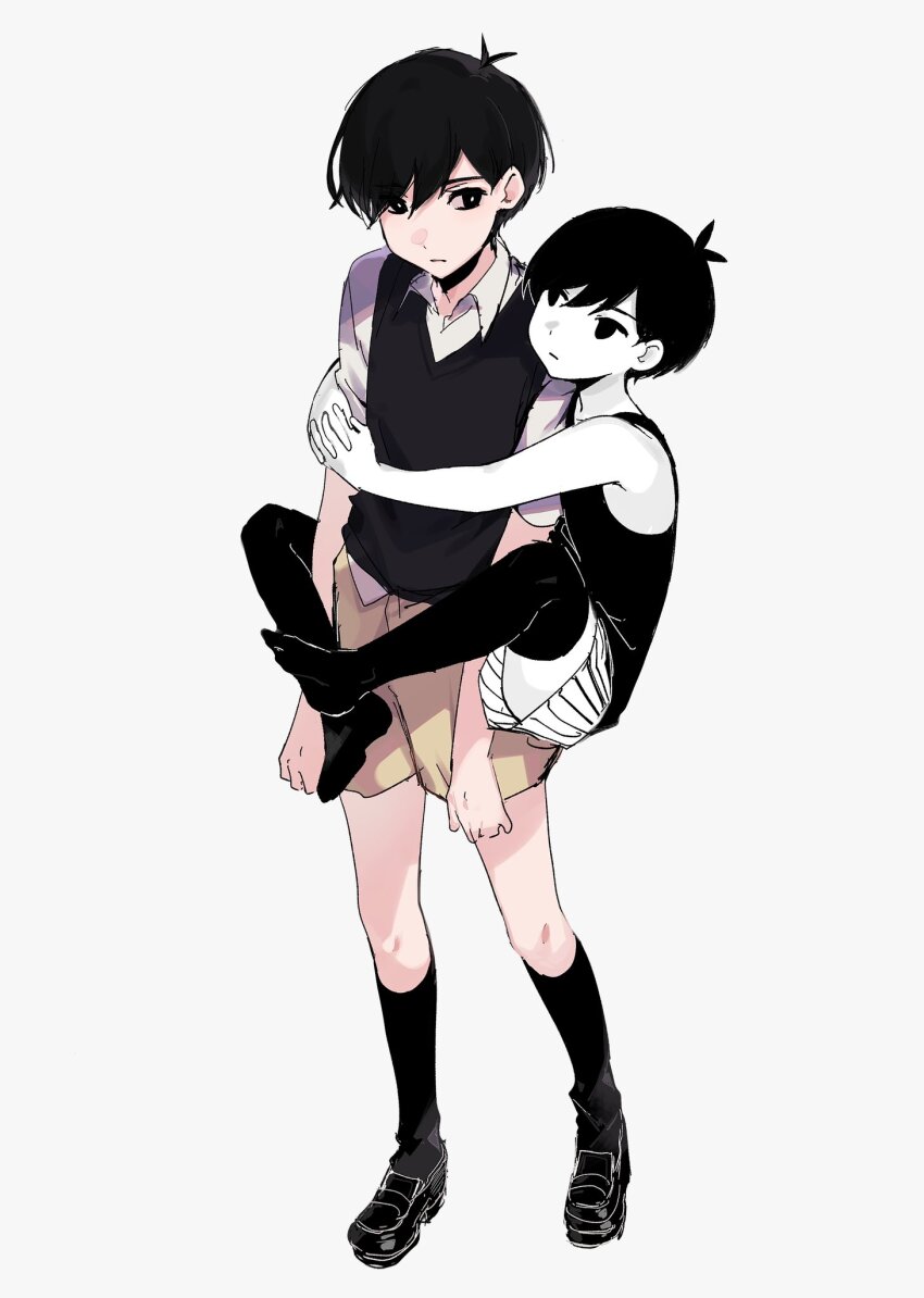 2boys :| antenna_hair arms_around_waist bare_arms bare_shoulders black_eyes black_hair black_shoes black_socks black_sweater_vest black_tank_top black_thighhighs bright_pupils brown_shorts carrying closed_mouth collared_shirt colored_skin dual_persona eita_789 empty_eyes eye_contact from_above full_body grey_background hair_behind_ear hair_between_eyes hashtag-only_commentary highres interlocked_fingers kneehighs knees_apart_feet_together legs_apart loafers looking_at_another male_focus multiple_boys no_pupils no_shoes omori omori_(omori) over-kneehighs piggyback shirt shoes short_hair short_sleeves shorts simple_background socks standing striped_clothes striped_shorts sunny_(omori) sweater_vest tank_top thighhighs vertical-striped_clothes vertical-striped_shorts white_pupils white_shirt white_shorts white_skin
