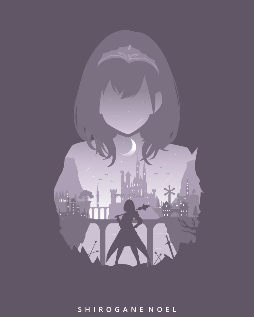 1girl absurdres bridge building castle crescent_moon double_exposure hairband hand_on_own_hip highres holding holding_mace holding_weapon hololive mace medium_hair moon multiple_views rezami shirogane_noel shirogane_noel_(1st_costume) shooting_star silhouette standing star_(sky) tree virtual_youtuber weapon windmill