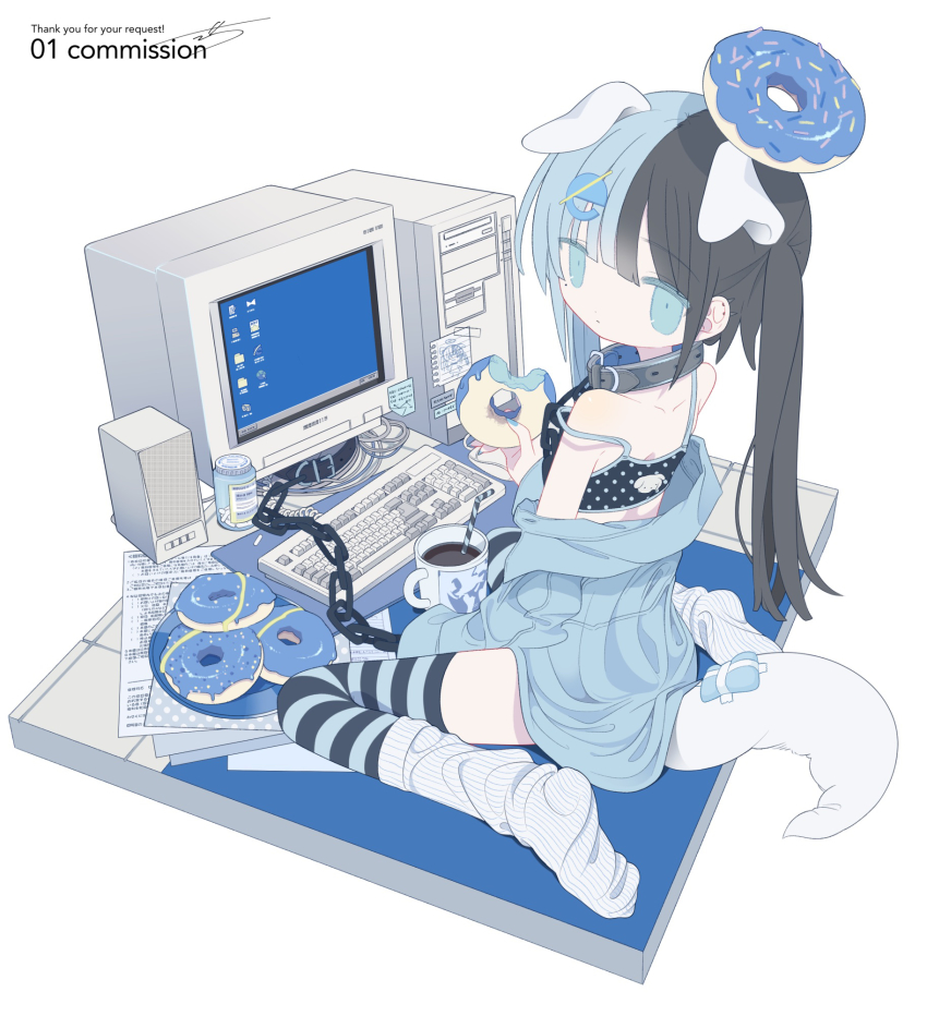 1girl animal_ears animal_print aqua_eyes bare_shoulders black_hair black_shirt black_thighhighs blue_hair blue_shirt blue_theme blue_thighhighs cable chain chain_leash chained coffee coffee_mug collar collared_shirt commentary_request commission computer constricted_pupils crop_top cropped_shirt crt cup dog_ears dog_girl dog_print dog_tail donut_hair_ornament drinking_straw english_text expressionless extra_ears faux_figurine food food-themed_hair_ornament food_bite from_behind full_body gauze hair_ornament highres holding holding_food internet_explorer computer_keyboard leash light_blue_hair logo_hair_ornament long_hair long_sleeves looking_at_viewer looking_back loose_socks mole mole_under_eye monitor mug multicolored_hair no_shoes off_shoulder original outo_eguchi paper pill_bottle polka_dot polka_dot_shirt ribbed_socks shirt signature simple_background sitting skeb_commission sleeveless sleeveless_shirt socks socks_over_thighhighs solo spaghetti_strap speaker split-color_hair sticky_note strap_slip striped_clothes striped_thighhighs tail thighhighs twintails two-tone_hair wariza white_background white_socks