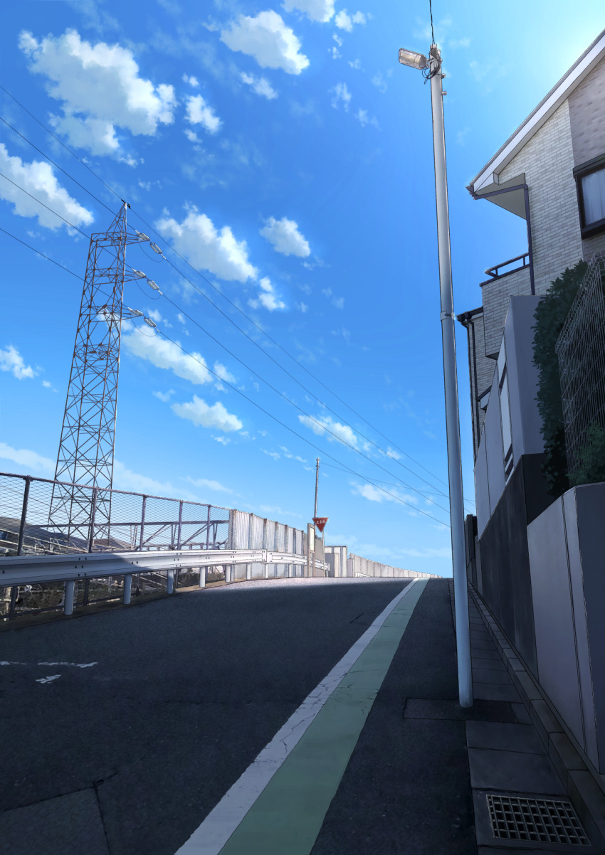anyotete blue_sky building chain-link_fence cloud day fence guard_rail highres house no_humans original outdoors power_lines road scenery sky street transmission_tower utility_pole