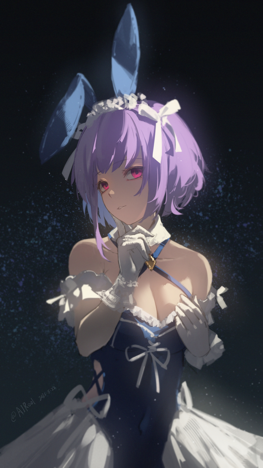 1girl absurdres airool animal_ears arm_cuffs arm_wrap bang_dream! bang_dream!_it&#039;s_mygo!!!!! bare_shoulders blue_dress breasts chinese_commentary cleavage clothing_cutout collar commentary_request cowboy_shot criss-cross_halter dark_background dated detached_collar diamond_(shape) dress dress_ribbon fake_animal_ears finger_to_cheek frilled_cuffs frilled_dress frilled_gloves frills gloves hair_ribbon hairband halterneck hand_on_own_chest hand_up head_tilt highres index_finger_raised looking_at_viewer parted_lips purple_hair rabbit_ears red_eyes ribbon ribbon_trim short_hair side_cutout sidelighting single_sidelock sleeveless sleeveless_dress solo two-tone_dress underbust weibo_username white_collar white_dress white_gloves white_hairband white_ribbon yuutenji_nyamu