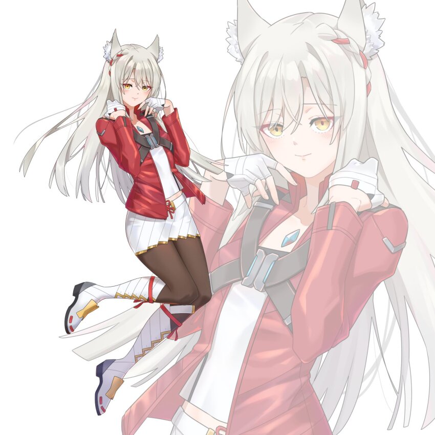 1girl animal_ear_fluff animal_ears blush boots cat_ears cat_girl commentary cosplay hehe_jun highres jacket long_hair looking_at_viewer mio_(xenoblade) noah_(xenoblade) noah_(xenoblade)_(cosplay) pantyhose pleated_skirt red_jacket simple_background skirt solo white_background white_boots white_hair white_skirt xenoblade_chronicles_(series) xenoblade_chronicles_3 yellow_eyes zoom_layer