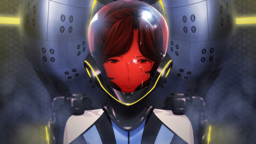 1girl assault_visor bare_shoulders blue_bodysuit bodysuit brown_eyes brown_hair clothing_cutout collarbone crack cracked_glass cracked_helmet cracked_mask cracked_visor exoskeleton fukuda_tomonori game_cg hair_over_shoulder helmet highres indoors lipstick long_hair looking_at_viewer makeup mature_female mecha_interior mecha_pilot_suit non-web_source official_art parted_bangs pilot piloting red_lips red_visor robotics;notes senomiya_misaki shiny_lips shoulder_cutout sitting skin_tight solo vertical-striped_bodysuit