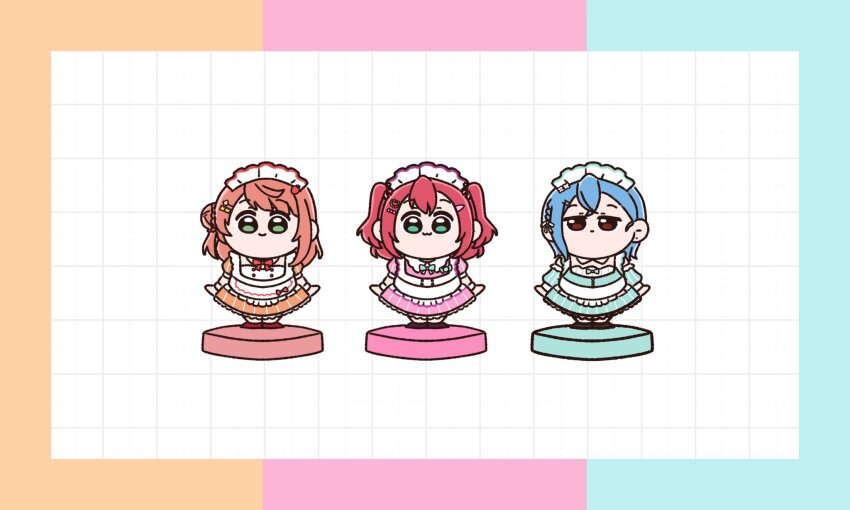 3girls :3 ai_scream!_(love_live!) aiscream_(love_live!) aqua_dress aqua_eyes blue_border blue_hair border bun_with_braided_base buttons chibi chibi_only closed_mouth commentary_request crossed_bangs detached_collar double-breasted dress full_body green_eyes grid_background hair_bun highres kurosawa_ruby looking_at_viewer love_live! love_live!_nijigasaki_high_school_idol_club love_live!_sunshine!! love_live!_superstar!! multicolored_border multiple_girls official_alternate_costume orange_border orange_dress orange_hair photoshop_(medium) pink_border pink_dress red_eyes red_hair rumu_(pop_step_juump) short_hair single_side_bun smile straight-on two_side_up uehara_ayumu wakana_shiki