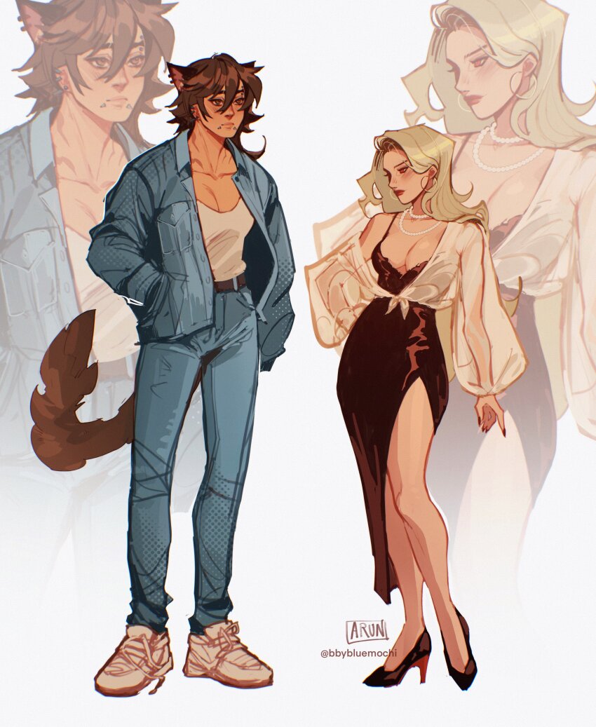 absurdres animal_ears bbybluemochi blonde_hair breasts brown_eyes brown_hair cleavage commentary dark-skinned_female dark_skin denim denim_jacket dress english_commentary fingernails high_heels highres hoop jacket jeans jewelry large_breasts lip_piercing long_hair long_sleeves necklace original pants pearl_necklace piercing red_dress red_eyes red_footwear red_lips red_nails see-through_clothes see-through_shirt sharp_fingernails shirt shoes simple_background sleeveless sleeveless_dress sneakers tail tied_shirt twitter_username white_background white_footwear white_shirt wolf_ears wolf_tail zoom_layer