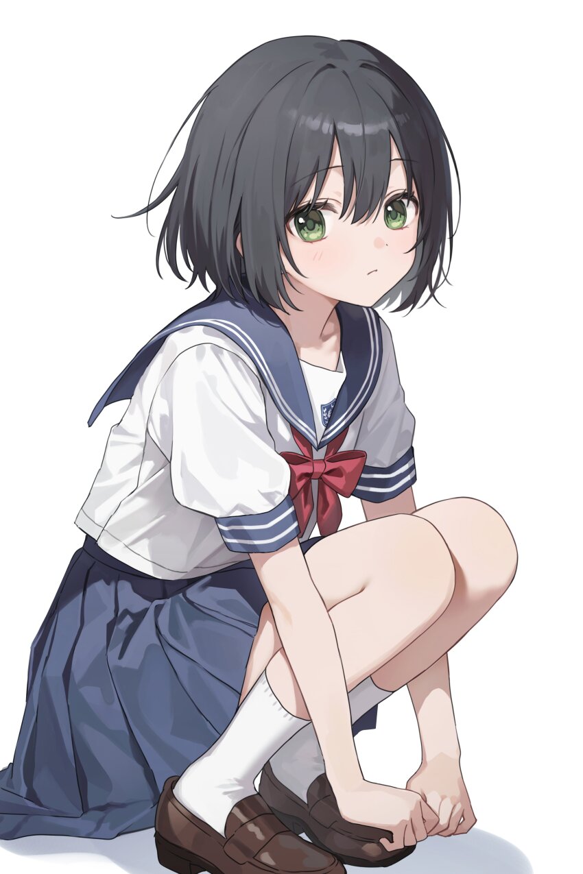 1girl absurdres aoi_saki_(senpai_wa_otokonoko) as4_s2 black_hair blue_sailor_collar blue_skirt blush breasts brown_shoes closed_mouth collarbone dot_nose female_focus flat_chest highres legs loli looking_at_viewer medium_hair miniskirt neckerchief pleated_skirt red_neckerchief sailor_collar school_uniform senpai_wa_otokonoko serafuku shoes short_sleeves simple_background sitting skirt small_breasts socks solo thighs white_background white_serafuku white_socks