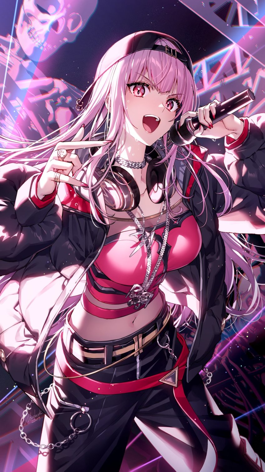 1girl backwards_hat baseball_cap black_hat black_jacket black_pants breasts crop_top hat headphones headphones_around_neck highres holding holding_microphone hololive hololive_english jacket japanese_clothes jewelry kimono large_breasts light_particles long_hair long_sleeves looking_at_viewer microphone midriff mori_calliope mori_calliope_(new_underworld_order) multiple_rings nail_polish nardack navel necklace open_clothes open_kimono open_mouth pants pink_hair puffy_long_sleeves puffy_sleeves red_eyes red_nails red_shirt ring shirt signature skeleton solo standing v-shaped_eyebrows very_long_hair virtual_youtuber