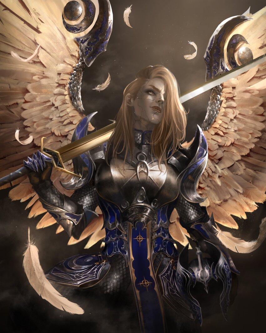 1girl absurdres armor baldur&#039;s_gate baldur&#039;s_gate_3 blonde_hair boobplate breastplate brown_background caio_santos chainmail commentary cowboy_shot cracked_skin dame_aylin falling_feathers faulds feathered_wings feathers gauntlets hair_over_one_eye helmet highres holding holding_helmet holding_sword holding_weapon looking_at_viewer medium_hair one_eye_covered over_shoulder pauldrons realistic shoulder_armor smile solo standing sword unworn_headwear unworn_helmet weapon weapon_over_shoulder wing_armor wings yellow_eyes