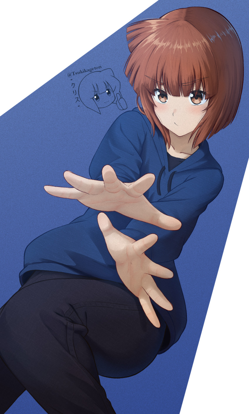 1girl aizawa_eiko black_pants blue_hoodie blush brown_eyes brown_hair closed_mouth collarbone feet_out_of_frame highres hood hoodie kurumimi_birb looking_at_viewer outstretched_arms pants shinryaku!_ikamusume short_hair solo