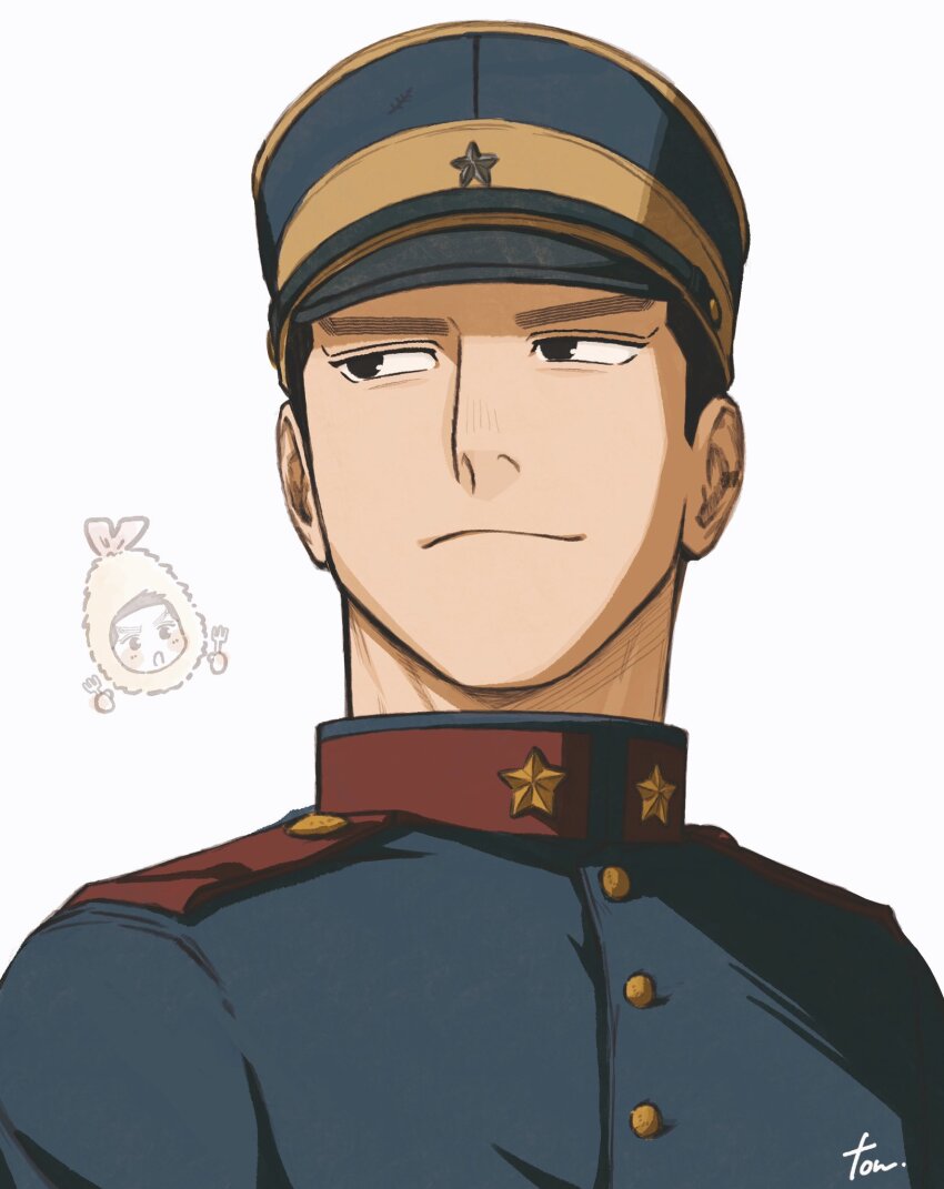 1boy blush_stickers chibi chibi_inset collared_jacket food_costume food_request golden_kamuy hanazawa_yusaku hat highres imperial_japanese_army jacket kepi looking_to_the_side male_focus military_hat military_uniform short_hair sideburns smile tonta_(tonta1231) two-tone_headwear yellow_headwear