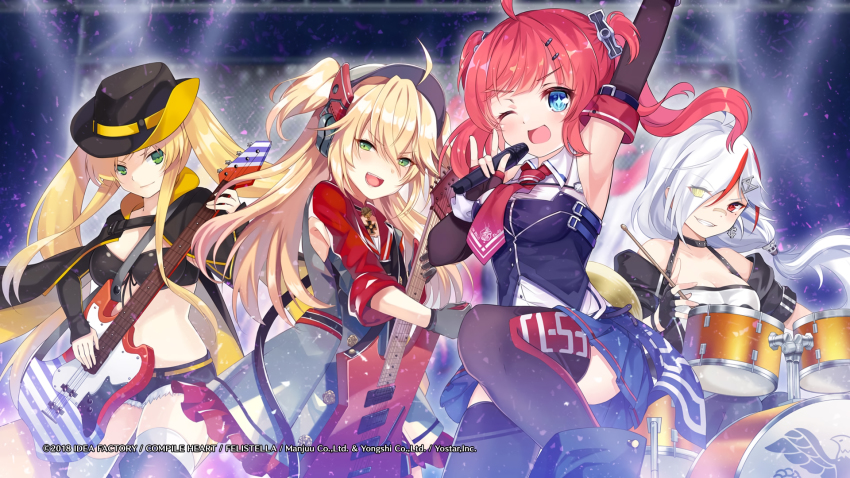 4girls admiral_hipper_(azur_lane) ahoge arm_up armpits artist_request azur_lane bandaid bandaid_on_face bandaid_on_nose bare_shoulders black_legwear blonde_hair blue_eyes blush breasts cape choker cleavage collarbone cowboy_hat cross detached_sleeves downes_(azur_lane) downes_(retrofit)_(azur_lane) drum drum_set drumsticks electric_guitar fingerless_gloves gloves green_eyes grin guitar hair_between_eyes hair_ornament hairclip hat headgear heterochromia highres holding holding_drumsticks holding_instrument holding_microphone hornet_(azur_lane) instrument iron_cross jewelry large_breasts long_hair looking_at_viewer low_ponytail microphone mole mole_under_eye multicolored_hair multiple_girls navel necktie off_shoulder official_art official_wallpaper one_eye_closed open_mouth ponytail red_eyes red_hair san_diego_(azur_lane) san_diego_(retrofit)_(azur_lane) shorts skirt smile thighhighs twintails two-tone_gloves two_side_up very_long_hair white_hair yellow_eyes
