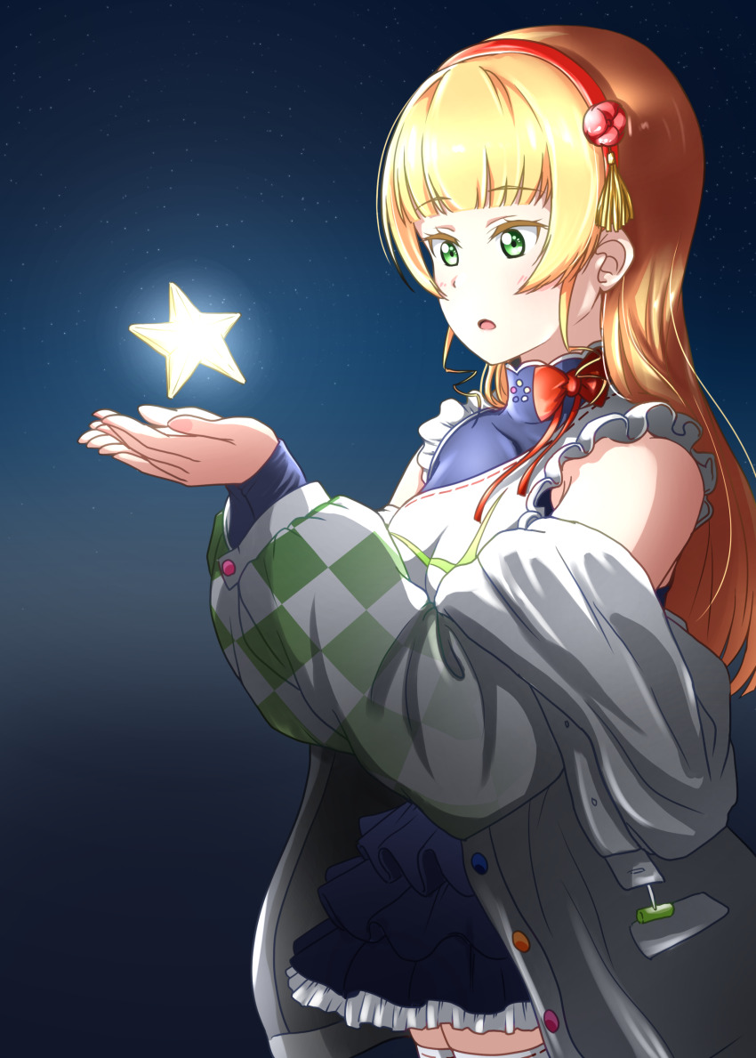 1girl absurdres black_skirt blonde_hair blunt_bangs commentary_request cowboy_shot detached_sleeves frills green_eyes hajimari_wa_kimi_no_sora hands_up heanna_sumire highres jacket light_blush long_hair long_sleeves love_live! love_live!_superstar!! noochan_chonoda open_clothes open_jacket puffy_long_sleeves puffy_sleeves red_headwear skirt solo star_(symbol) thighhighs white_jacket white_thighhighs zettai_ryouiki