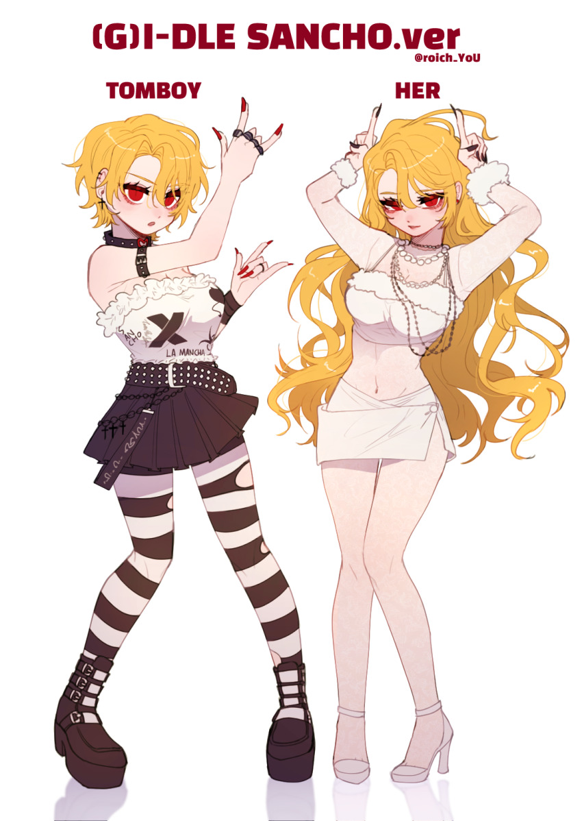 2girls bare_shoulders belt black_skirt blonde_hair boots breasts buckle choker don_quixote_(project_moon) earrings frills full_body gyaru heart heart_choker highres hill jewelry lace-up_boots large_breasts limbus_company long_hair microskirt multiple_girls necklace off_shoulder pleated_skirt pmchell_04 project_moon punk red_eyes ring rokku_gyaru sancho_(project_moon) shirt short_hair side-by-side skirt slit_pupils strapless tube_top white_background white_shirt white_tube_top wrap_skirt