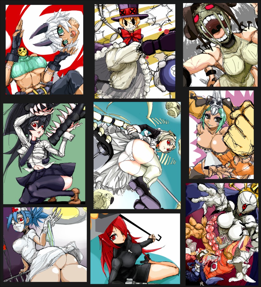 6+girls absurdres animal_ears ass teeth black_hair black_legwear bloody_marie_(skullgirls) bloomers breasts cat_ears cerebella_(skullgirls) cleavage dark_skin dark-skinned_female double_(skullgirls) dress eyepatch eyeshadow filia_(skullgirls) green_eyes green_hair habit hair_ornament hair_over_one_eye hat headless highres krieg_(skullgirls) large_breasts lenny_the_bomb living_clothes long_hair maid makeup mask mechanical_arms monster ms._fortune_(skullgirls) multiple_girls navel necktie nun nurse nurse_cap open_mouth orange_hair painwheel_(skullgirls) panties parasoul_(skullgirls) peacock_(skullgirls) ponytail prehensile_hair red_eyes red_hair samson_(skullgirls) school_uniform severed_head short_dress short_hair skirt skull_hair_ornament skullgirls smile sweater thighhighs tommy_bell top_hat umbrella underboob underwear upskirt valentine_(skullgirls) veins vice-versa_(skullgirls) white_hair white_legwear