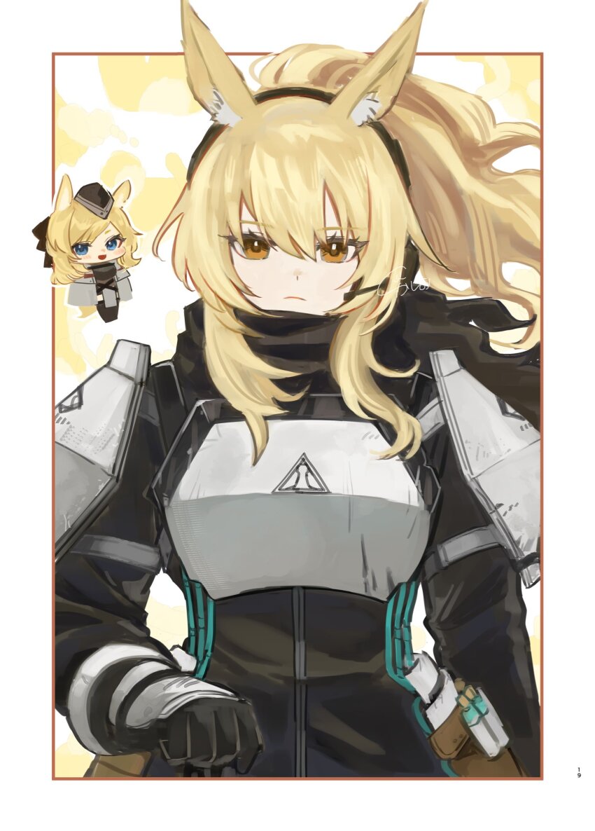 1girl animal_ears arknights armor black_gloves black_jacket blonde_hair blue_eyes border breastplate brown_eyes chibi chibi_inset closed_mouth commentary gloves hair_between_eyes headset highres jacket k-yosinori long_hair long_sleeves looking_at_viewer nearl_(arknights) nearl_the_radiant_knight_(arknights) shoulder_armor sidelocks solo whislash_(arknights) white_border
