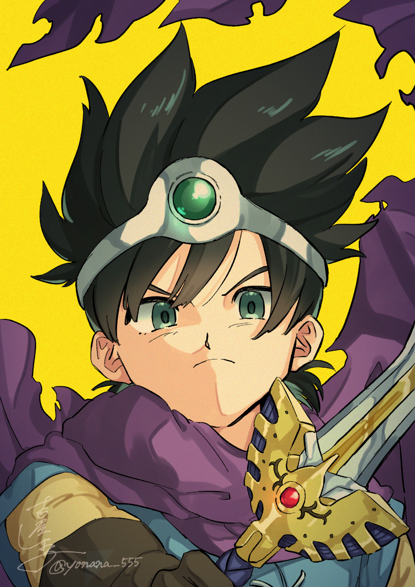 1boy absurdres aqua_eyes black_hair blue_tunic brown_gloves cape circlet commentary_request dragon_quest dragon_quest_iii erdrick&#039;s_sword floating_cape frown gem gloves green_gemstone hero_(dq3) highres holding holding_sword holding_weapon looking_at_viewer male_focus purple_cape roto_(dq3) short_hair silver_circlet solo spiked_hair sword torn_cape torn_clothes tunic weapon yellow_background yoshiya_shiyoko