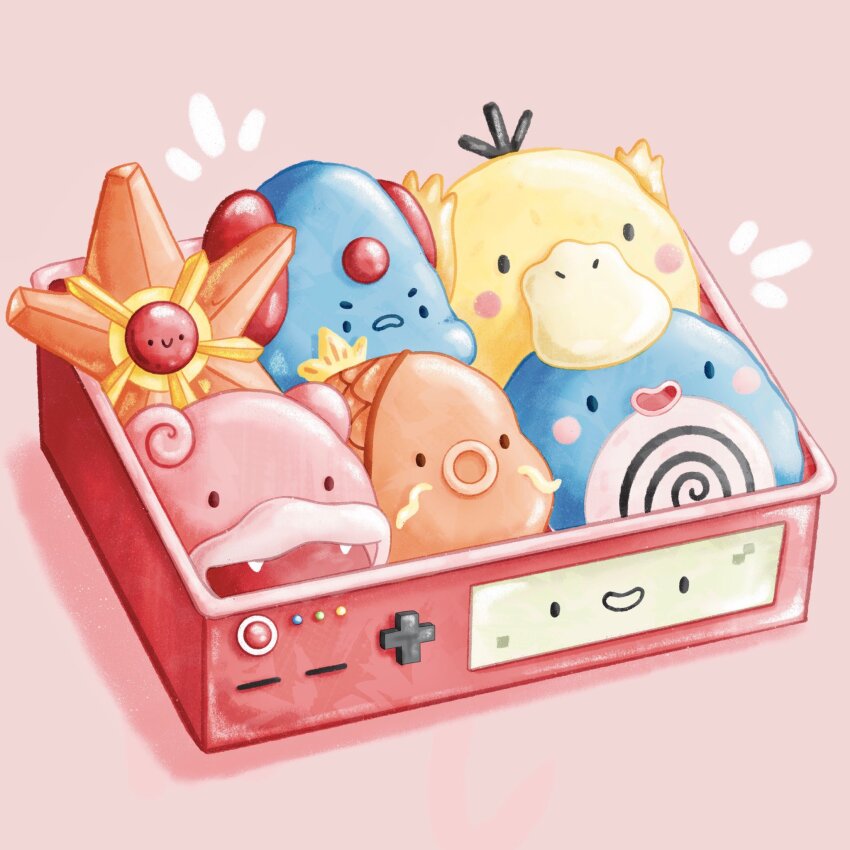 :o abbey_and_bear bento black_eyes blush_stickers character-themed_food commentary creatures_(company) english_commentary fangs food_focus frown game_freak gen_1_pokemon highres magikarp nintendo no_humans nostrils notice_lines open_mouth pink_background pokedex pokemon pokemon_(creature) pokemon_sv pokemon_unite poliwag psyduck shadow simple_background slowpoke smile solid_circle_eyes staryu tentacool tray v-shaped_eyebrows