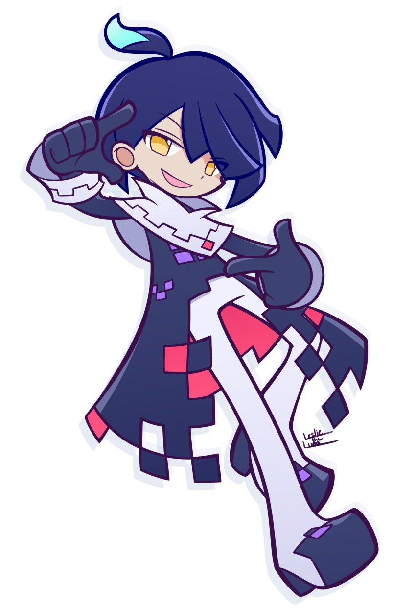 1boy absurdres ahoge black_coat black_footwear black_gloves blue_hair blunt_bangs blunt_ends coat dark_blue_hair deformed drop_shadow dyed_ahoge finger_frame flipped_bangs full_body gloves hand_up happy highres knee_up leslietheluna looking_at_viewer male_focus official_style open_clothes open_coat open_mouth pants puyopuyo puyopuyo_tetris_2 short_hair signature simple_background smile solo squares_(puyopuyo) swept_bangs three_quarter_view two-sided_fabric white_background white_pants yellow_eyes