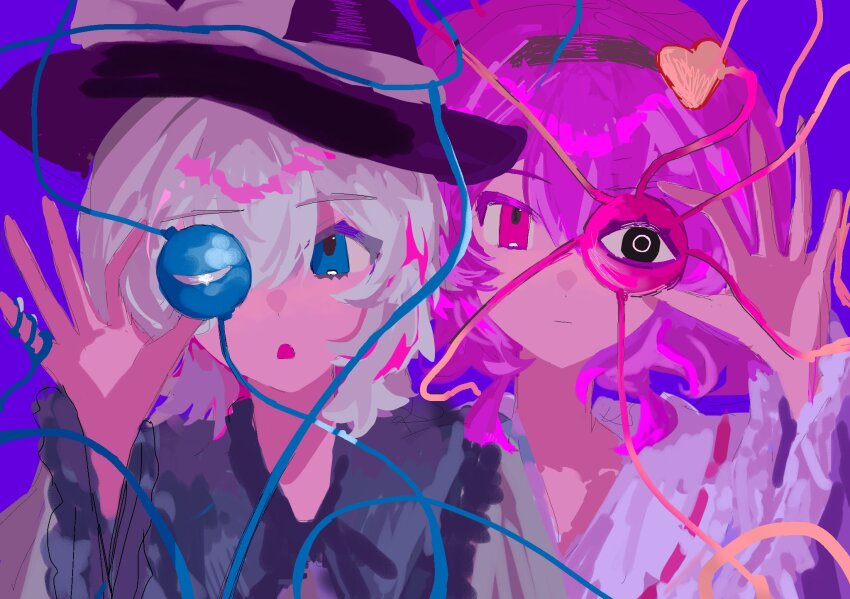2girls black_hairband black_hat blue_background blue_eyes bow closed_mouth collared_shirt expressionless frilled_shirt_collar frilled_sleeves frills grey_bow grey_shirt hair_between_eyes hair_ornament hairband hat hat_bow hcrane_hrs heart heart_hair_ornament highres komeiji_koishi komeiji_satori long_sleeves looking_at_viewer medium_hair multiple_girls one_eye_covered open_mouth pink_eyes pink_hair purple_shirt ribbon-trimmed_shirt ribbon_trim shirt siblings simple_background sisters sun_hat third_eye touhou tsurime upper_body white_hair wide_sleeves