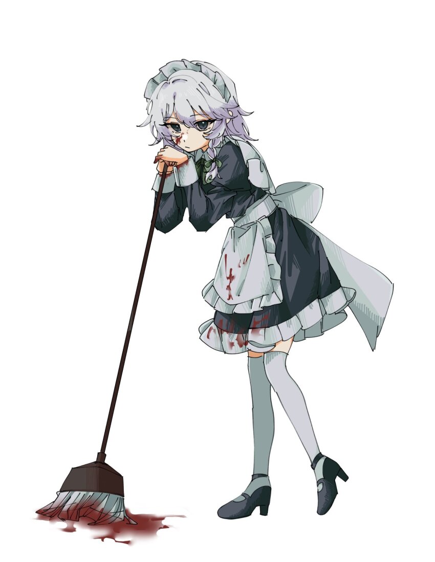 1girl apron blood blood_on_clothes blood_on_face blood_on_ground blood_on_hands blue_dress blue_eyes braid cleaning dress expressionless frills high_heels highres holding holding_mop hua88331 izayoi_sakuya looking_at_viewer maid maid_apron maid_headdress medium_hair mop solo thighhighs touhou twin_braids white_background white_hair white_thighhighs