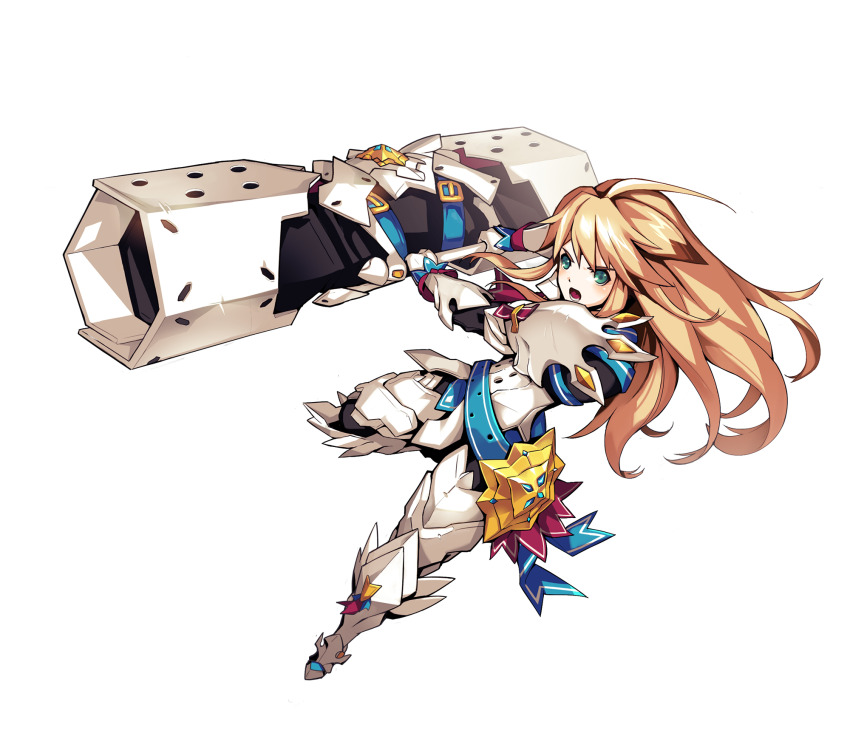 1boy ahoge aqua_eyes armor armored_boots belt belt_buckle blonde_hair blue_belt boots broken buckle chung_seiker colored_tips determined elsword fighting_stance floating_hair full_armor full_body game_cg gold_buckle hair_ears highres holding_cannon huge_weapon knee_boots long_hair male_focus multicolored_hair official_art open_mouth ress second-party_source solo tachi-e transparent_background v-shaped_eyebrows very_long_hair weapon white_boots
