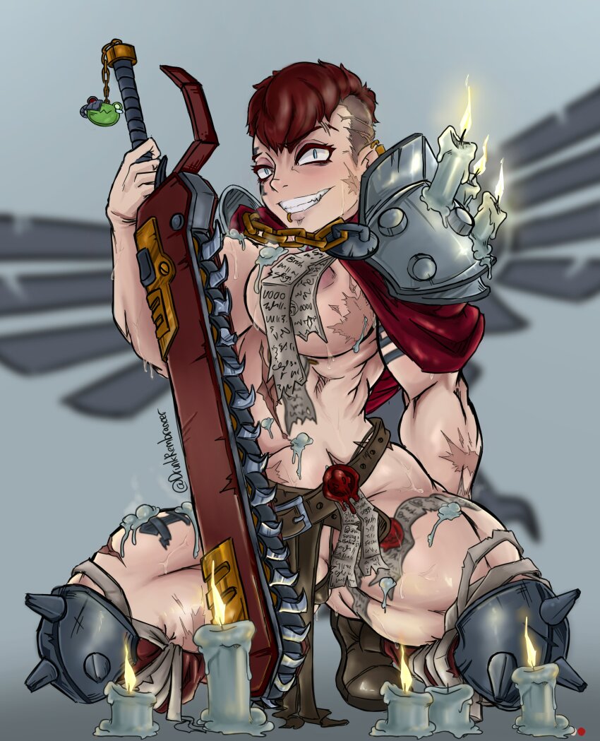 1girl absurdres adepta_sororitas animal_charm aquila_(symbol) armor astra_militarum belt breasts candle cape chain chainsword charm_(object) earrings face_piercing fang fleur-de-lis frog green_eyes highres jewelry kneeling large_breasts lip_piercing lip_ring loincloth merry_remembrancer muscular muscular_female piercing purity_seal red_hair scar scar_on_arm scar_on_chest scar_on_face scar_on_leg scar_on_stomach short_hair shoulder_armor sister_repentia thick_thighs thighs warhammer_40k writing