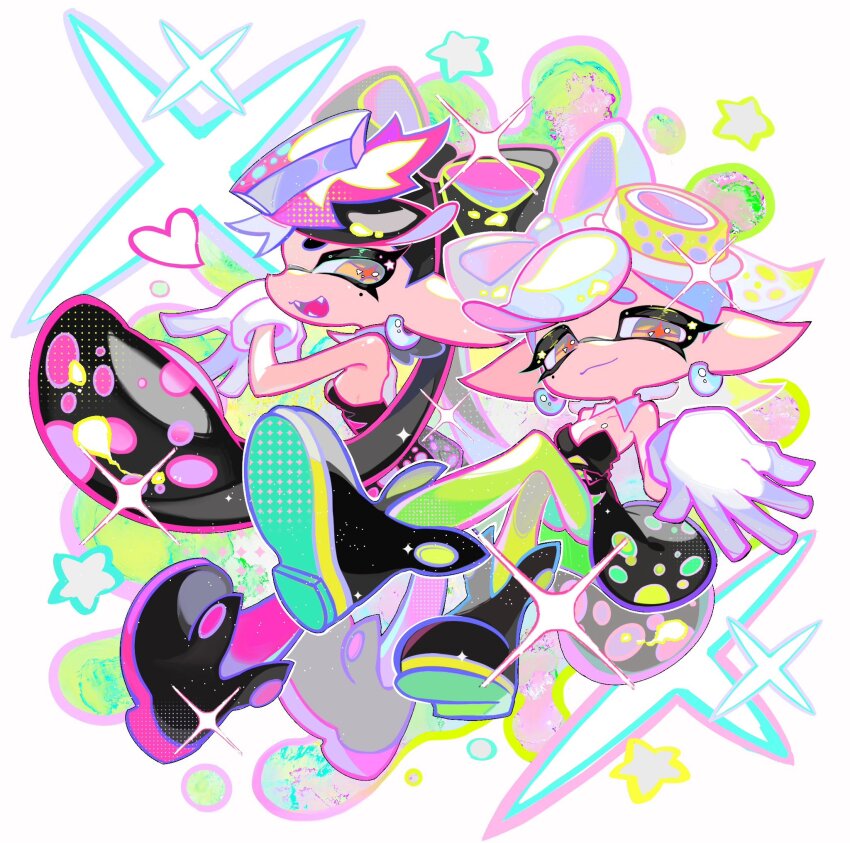 2girls bare_shoulders black_dress black_hair black_jumpsuit boots bow-shaped_hair breasts callie_(splatoon) callie_(squid_sisters_outfit)_(splatoon) closed_mouth collar crossed_legs detached_collar dress earrings fangs gloves green_pantyhose grey_hair heart highres inkling jewelry jumpsuit marie_(splatoon) marie_(squid_sisters_outfit)_(splatoon) mole mole_under_eye multiple_girls nintendo open_mouth pantyhose pink_pantyhose short_hair smile splatoon_(series) splatoon_3 star-shaped_pupils star_(symbol) strapless strapless_dress symbol-shaped_pupils tentacle_hair twintails white_background white_collar white_gloves xiaoyunatie yellow_eyes
