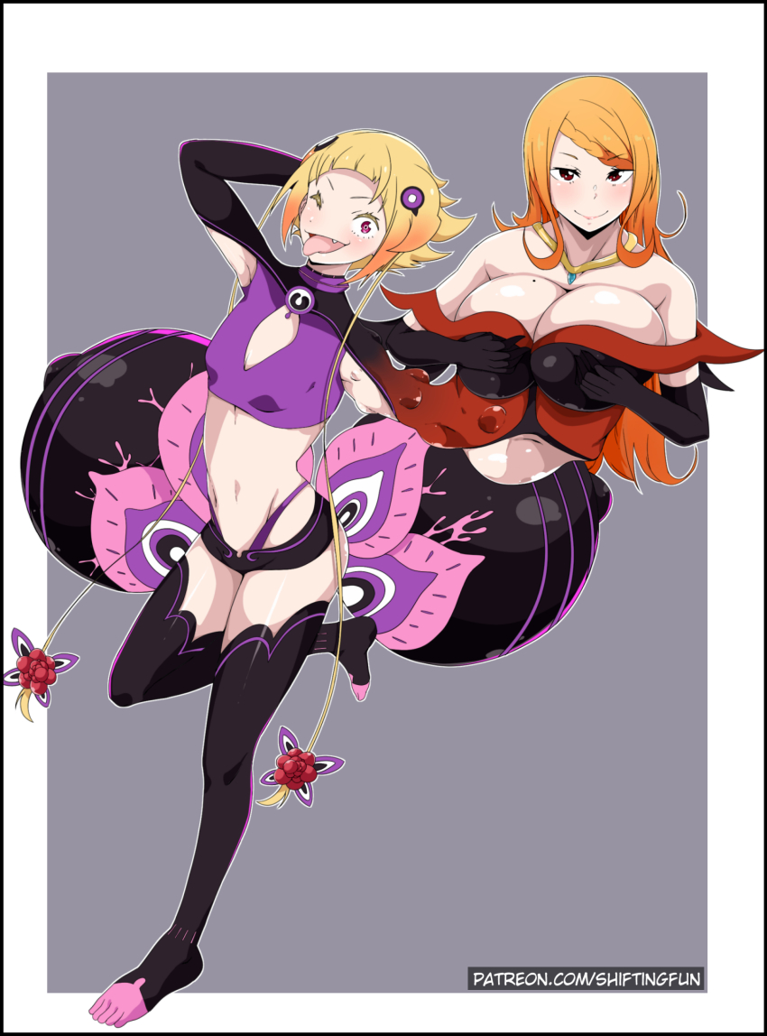 1girl bare_shoulders black_gloves black_shorts black_thighhighs blonde_hair braid breasts capella_emerada_lugnica cleavage collarbone crop_top dress elbow_gloves gloves highleg highleg_panties highres jewelry large_breasts long_hair mole mole_on_breast navel necklace orange_hair panties priscilla_barielle re:zero_kara_hajimeru_isekai_seikatsu red_dress red_eyes shapeshifter shapeshifting shiftingfun short_hair shorts small_breasts stomach thighhighs thighs tongue tongue_out transformation underwear