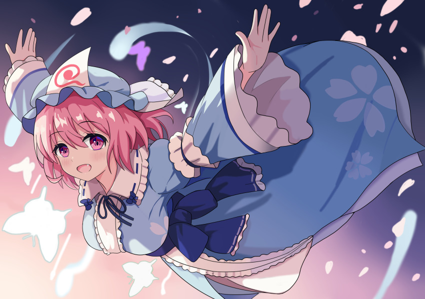 1girl :d absurdres blue_kimono blush breasts bug butterfly cherry cherry_blossoms dress fang floral_print flying food frilled_kimono frills fruit ghost hair_between_eyes hat highres hitodama insect japanese_clothes kimono large_breasts looking_at_viewer open_mouth outstretched_arms petals pink_hair saigyouji_yuyuko skin_fang sleeve_garter smile solo touhou triangular_headpiece wang_ze_ji_bu_er_hua
