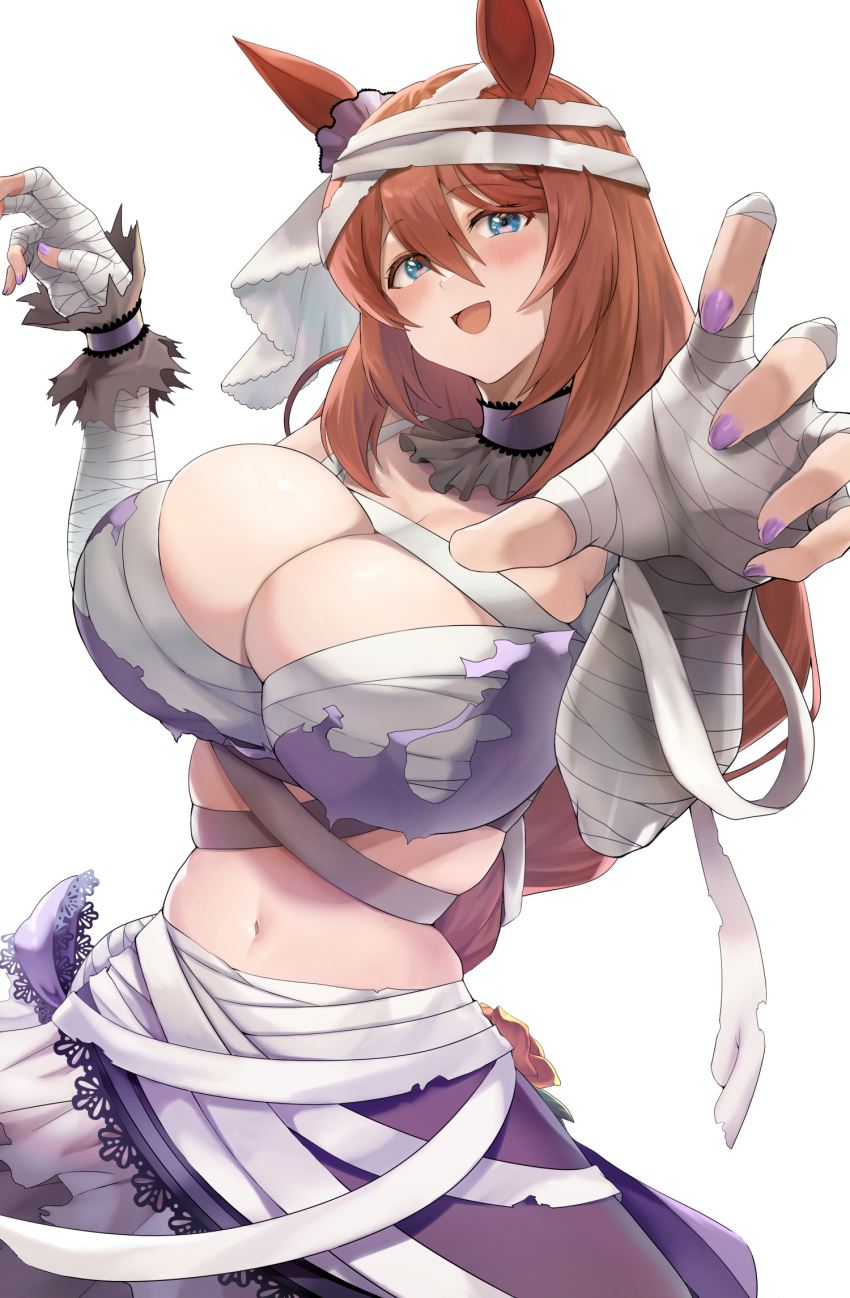 1girl :d animal_ears bandaged_head bandaged_torso bandages bandeau blue_eyes blush braid braided_bangs breasts brown_hair chest_sarashi choker claw_pose cleavage commentary_request curvy double-parted_bangs ear_scrunchie foreshortening frilled_choker frilled_skirt frills highres horse_ears huge_breasts long_hair mummy_costume nail_polish narrow_waist official_alternate_costume open_mouth outstretched_arms purple_bandeau purple_choker purple_nails purple_skirt reaching reaching_towards_viewer sarashi simple_background skindentation skirt smile solo super_creek_(chiffon_ribbon_mummy)_(umamusume) super_creek_(umamusume) tirano_rinko torn_bandeau umamusume undersized_breast_cup veil very_long_hair white_background wide_hips zombie_pose
