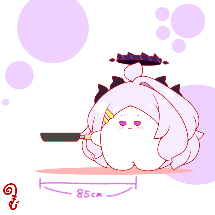 :3 ahoge blue_archive blush chibi closed_mouth colored_shadow frying_pan grey_hair hair_ornament hairclip halo highres hina_(blue_archive) holding holding_frying_pan horns kurukurumagical long_hair looking_at_viewer parted_bangs purple_eyes shadow single_hair_intake solo standing translation_request very_long_hair white_background