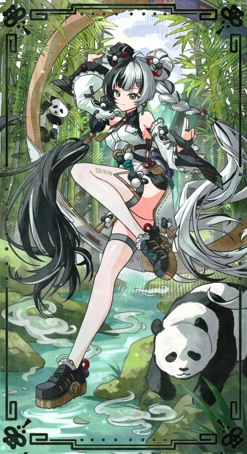 1girl 2others animal aqua_nails arm_up bamboo bamboo_forest bare_shoulders black_hair black_shoes braid braided_twintails chakram china_dress chinese_clothes commentary detached_sleeves dialyn_(zenless_zone_zero) dress earrings forest hair_extensions hair_ornament hashtag-only_commentary highres jewelry leg_up long_hair looking_at_viewer mising_0033 multicolored_hair multiple_others nature necktie outdoors panda panda_hair_ornament ring_hair_extensions river shoes smile split-color_hair symbol-only_commentary thighhighs twintails water weapon white_hair white_sleeves white_thighhighs wire yellow_necktie zenless_zone_zero
