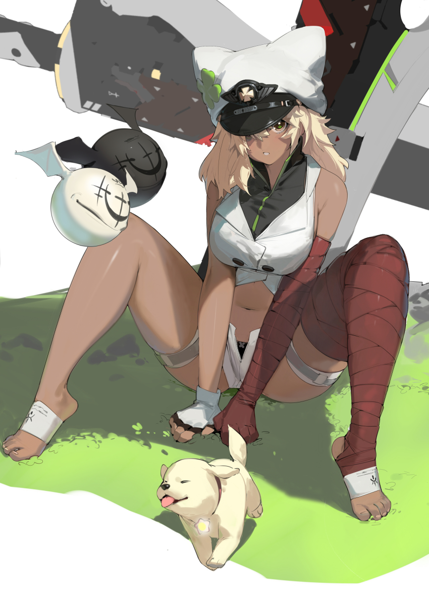 1girl absurdres bandaged_arm bandaged_leg bandages bare_shoulders black_panties breasts brown_eyes buttons crop_top dark-skinned_female dark_skin dog feet fingerless_gloves full_body gloves guilty_gear guilty_gear_strive hat highres huge_weapon knees_up large_breasts light_brown_hair long_hair looking_at_viewer lucifero_(guilty_gear) midriff navel panties planted planted_sword planted_weapon prossss puppy ramlethal_valentine short_shorts shorts single_glove sitting solo sword thigh_strap toes underwear vest weapon white_gloves white_hat
