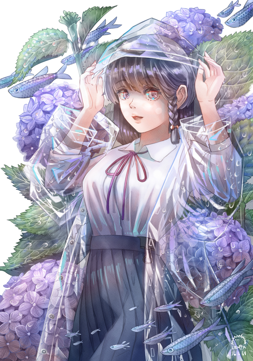 1girl absurdres braid breasts coat cowboy_shot fish flower grey_skirt highres hood hood_up hydrangea lenta long_hair long_sleeves looking_at_viewer medium_breasts neck_ribbon open_clothes open_coat original parted_lips plant pleated_skirt purple_flower raincoat ribbon see-through_clothes see-through_raincoat shirt side_braid skirt solo wet white_shirt