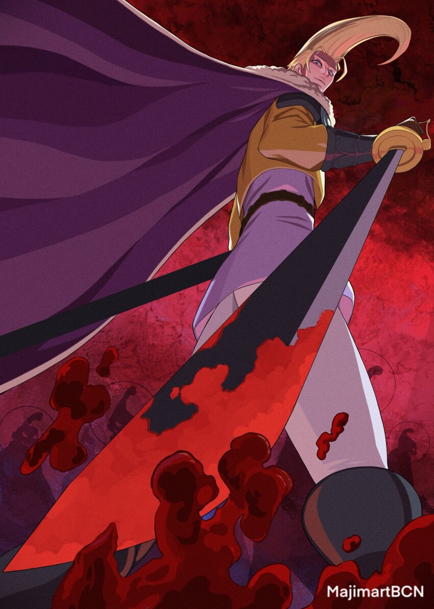 1boy 5others black_gloves blonde_hair blood bloody_weapon boots cape celestial_dragons_(one_piece) elbow_gloves evil_smile feet_out_of_frame figarland_garling floating_cape fur_trim gloves highres holding holding_sword holding_weapon knee_boots looking_at_viewer looking_down majimartbcn male_focus multiple_others one_piece pants pompadour purple_cape red_background shirt short_hair silhouette smile sword weapon white_pants yellow_shirt