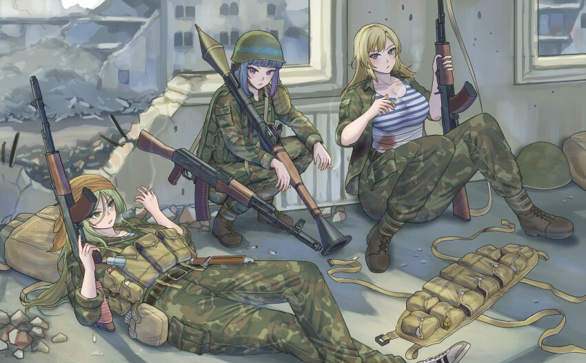 3girls absurdres assault_rifle bandana camouflage camouflage_jacket camouflage_pants cigarette gun helmet highres holding holding_cigarette jacket kalashnikov_rifle military military_combat_uniform military_uniform moe_internationale multiple_girls original pants rifle rocket_launcher rpg rpg-7 rpg_(weapon) sarashi shirt soviet striped_clothes striped_shirt vdv weapon