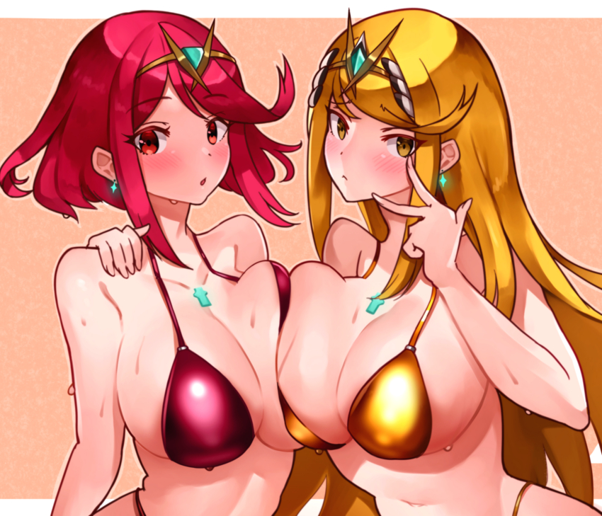 2girls absurdres bikini blonde_hair border breasts brown_background chest_jewel core_crystal_(xenoblade) earrings gold_bikini highres jewelry large_breasts long_hair multiple_girls mythra_(xenoblade) pyra_(xenoblade) red_bikini red_eyes red_hair short_hair simple_background swimsuit tiara upper_body v white_border xenoblade_chronicles_(series) xenoblade_chronicles_2 yellow_eyes yotsuha_uni