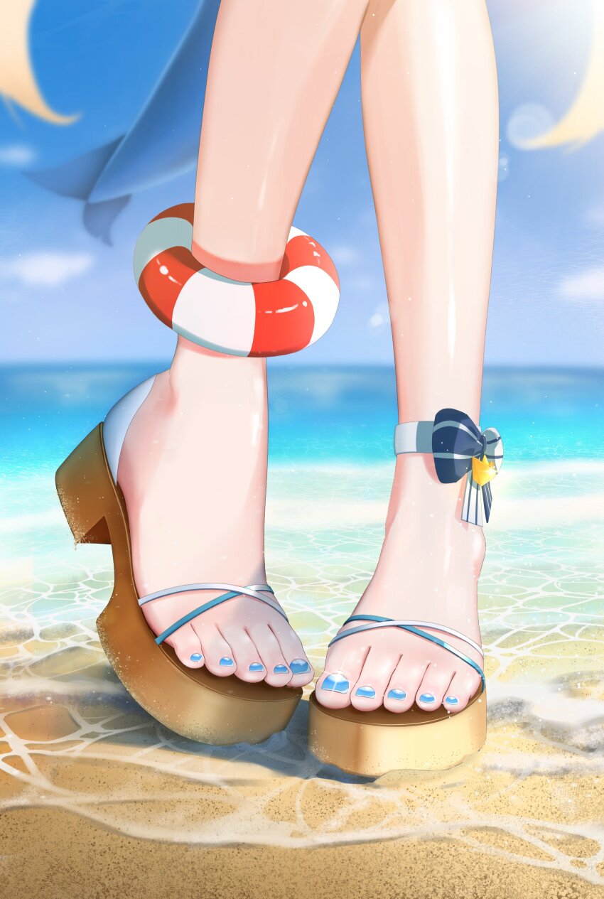 1girl absurdres blonde_hair blue_nails blue_sky day feet feet_only fins fish_tail foot_focus highres indie_virtual_youtuber lifebuoy_ornament long_hair luke_s_(artist) nail_polish ocean outdoors sameko_saba sandals sky solo tail toenail_polish toenails virtual_youtuber