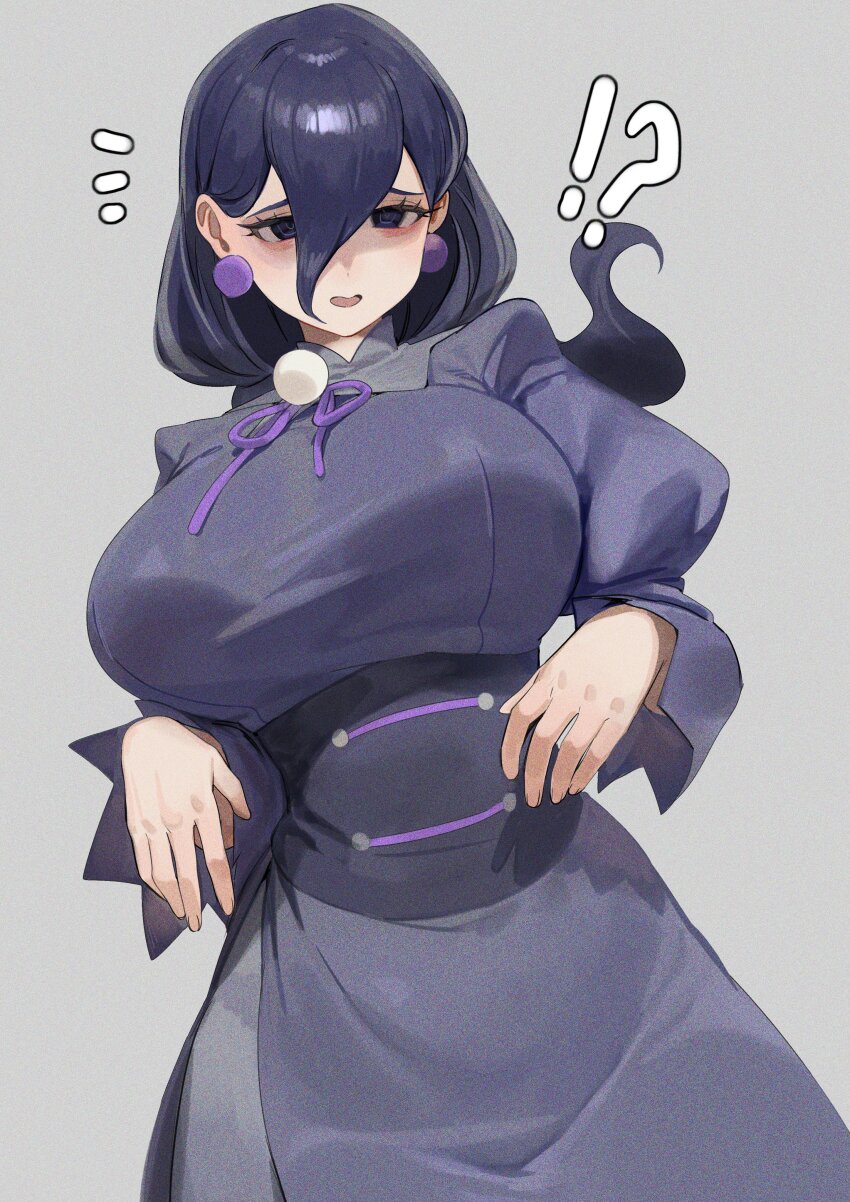 !? 1girl absurdres black_eyes black_hair breasts corset curvy dress earrings grey_background hex_maniac_(pokemon) hex_maniac_(pokemon_legends:_z-a) highres jewelry large_breasts large_earrings long_bangs looking_at_viewer nia_(nia4294) nintendo notice_lines open_mouth pokemon pokemon_legends:_z-a purple_dress ringed_eyes simple_background solo