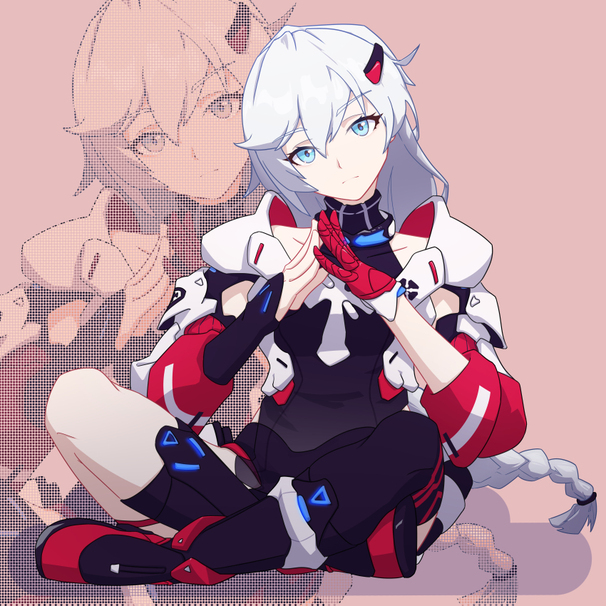 1girl absurdres asymmetrical_legwear black_leotard black_thighhighs blue_eyes braid braided_ponytail breasts closed_mouth full_body gloves hair_ornament hairclip highres honkai_(series) honkai_impact_3rd indian_style kallen_kaslana kallen_kaslana_(ritual_imayoh) leotard long_hair looking_at_viewer medium_breasts mismatched_legwear pink_background red_gloves single_glove single_sleeve sitting solo thighhighs white_hair yikco zoom_layer