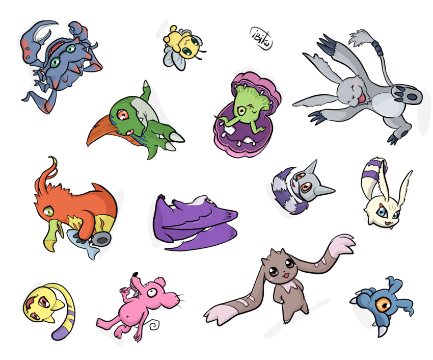 belt betamon caprimon claws digimon digimon_(creature) ganimon gazimon kyaromon lopmon muchomon puroromon shakomon simple_background tsumemon tukaimon tyumon wanyamon white_background wings