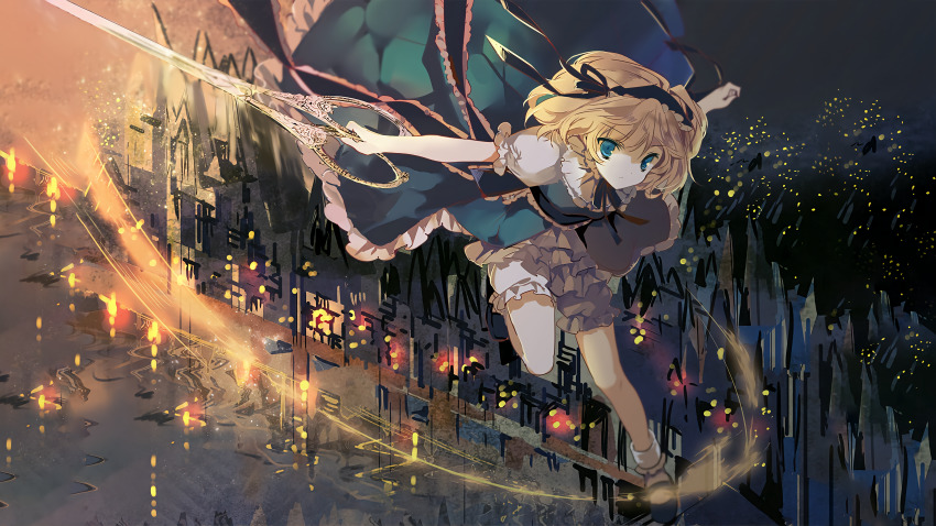1girl absurdres alice&#039;s_adventures_in_wonderland alice_margatroid bad_id bad_yandere_id blonde_hair bloomers blue_dress blue_eyes bobby_socks cierra_(ra-bit) dress female_focus flying frilled_ribbon frilled_sleeves frills hair_ribbon hairband highres looking_at_viewer mary_janes neck_ribbon oversized_object puffy_sleeves ribbon scissors shirt shoes short_sleeves slashing socks solo touhou town underwear