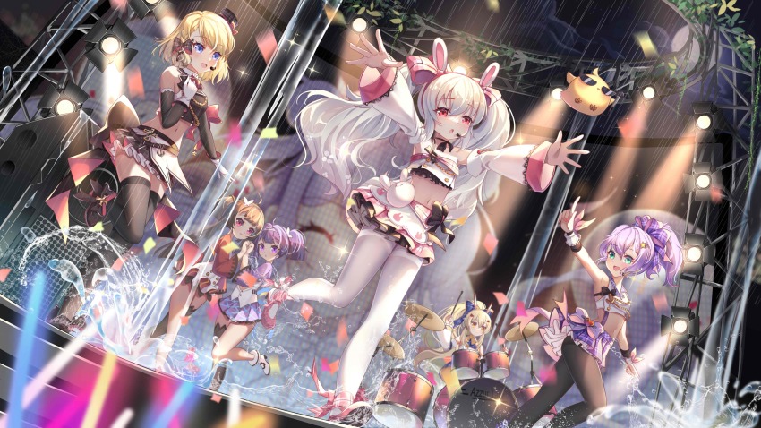 6+girls absurdres amplifier ankle_ribbon ayanami_(azur_lane) ayanami_(low-key_idol_@confused)_(azur_lane) azur_lane black_bow black_pantyhose black_ribbon black_skirt black_thighhighs blonde_hair blue_bow bow brown_hair choker cloud cloudy_sky concert crop_top dancing detached_sleeves drum drum_set drumming gloves glowstick grey_hair hair_bow hairband hat headset high_ponytail highres idol idol_clothes instrument javelin_(azur_lane) javelin_(energetic_idol_@120_motivation!)_(azur_lane) laffey_(azur_lane) laffey_(bunny_idol_@unmotivated)_(azur_lane) leg_ribbon light_purple_hair long_hair long_sleeves manjuu_(azur_lane) mini_hat miniskirt moon multicolored_skirt multiple_girls music navel night night_sky ning_hai_(azur_lane) ning_hai_(dragon_sisters!_-n)_(azur_lane) official_alternate_costume open_mouth pantyhose ping_hai_(azur_lane) ping_hai_(dragon_sisters!_-p)_(azur_lane) pink_bow pink_shoes pink_skirt pleated_skirt ponytail purple_skirt rain ribbon ribbon_choker shoes short_hair singing single_thighhigh skirt sky smile sparkle speaker stage_lights standing standing_on_one_leg stomach thighband_pantyhose thighhighs thighs twintails viola1587 white_footwear white_gloves white_pantyhose wide_sleeves z23_(azur_lane) z23_(serious_idol_@acting_manager?!)_(azur_lane)