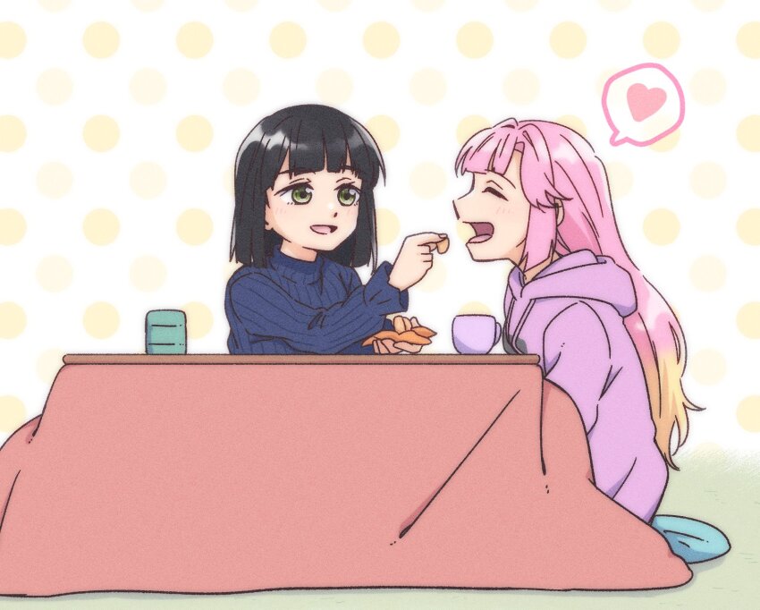 2girls :d ^_^ anyoji_hime anyoji_hime_(winter_loungewear) black_hair blonde_hair blue_sweater blunt_bangs blunt_ends bob_cut closed_eyes commentary_request cup donpa feeding food fruit full_body gradient_hair green_eyes hair_down hair_intakes heart highres holding holding_food holding_fruit hood hood_down hoodie kotatsu link!_like!_love_live! long_hair long_sleeves looking_at_another loungewear love_live! mandarin_orange mandarin_orange_slice momose_ginko momose_ginko_(winter_loungewear) multicolored_hair multiple_girls official_alternate_costume open_mouth orange_peel pink_hair polka_dot polka_dot_background profile purple_hoodie ribbed_sweater short_hair sidelocks smile spoken_heart sweater swept_bangs table teacup turtleneck turtleneck_sweater very_long_hair virtual_youtuber yellow_background yunomi